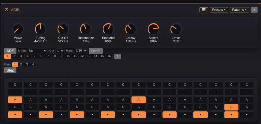 The 303 editor: eight knobs and a sixteen-step grid with accent and slide rows.
