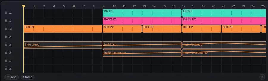 The playlist: coloured pattern clips across numbered bars, with automation curves drawn beneath them.