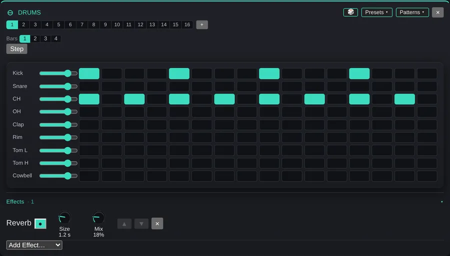 The drum editor: a nine-lane step grid with per-lane levels and a reverb send.