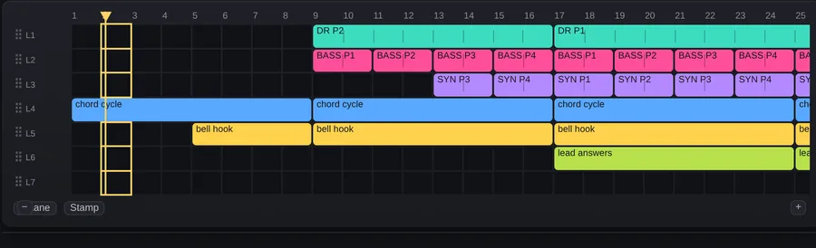 A shared arrangement: pattern clips for drums, bass, chords and lead laid out across the playlist.