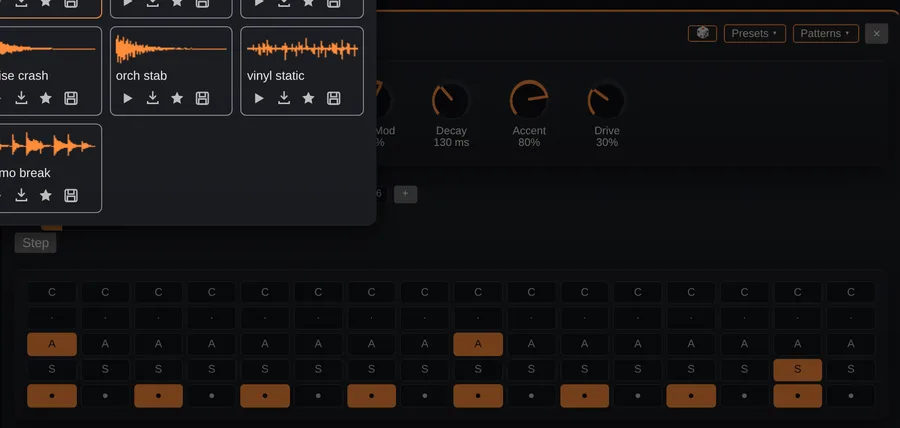 The sample browser, showing waveform thumbnails for the built-in samples.
