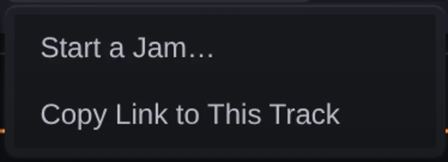 The share menu, offering a jam session or a link to the current track.