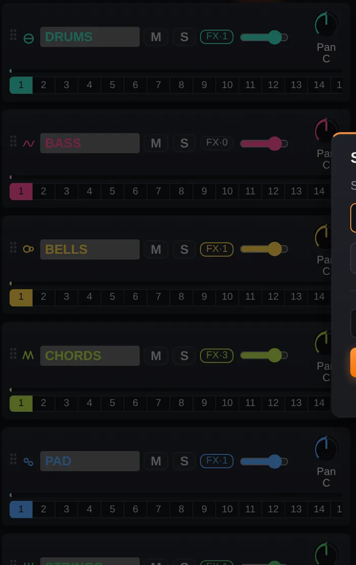 A rack of instruments — drums, bass, bells, chords, pad and strings — each with its own mixer strip.